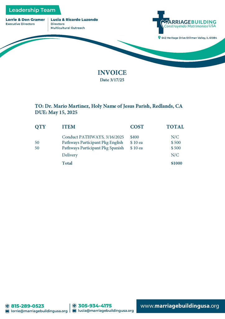 INVOICE Holy Name of Jesus